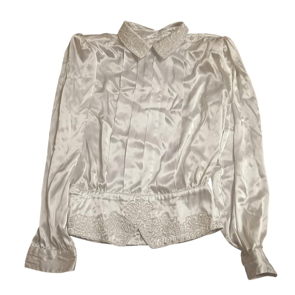 Worthington Blouse Womens 14 Ivory Satin Embroidered Victorian Regencycore